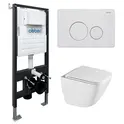 Комплект подвесной унитаз ABBER Rechteck AC1220TC белый, с закрытым дном с инсталляцией AC0105 и кнопкой AC0121MW белая матовая