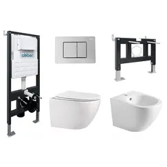 Комплект ABBER унитаз AC1100 белый с инсталляцией AC0105 и кнопкой  хром, биде AC1150 с инсталляцией AC0101P