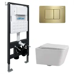 Комплект подвесной унитаз ABBER Rechteck AC1201 белый с инсталляцией AC0105 и кнопкой  золото матовое