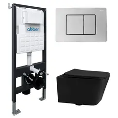 Комплект подвесной унитаз ABBER Rechteck AC1201MB черный матовый с инсталляцией AC0105 и кнопкой хром