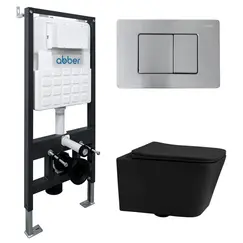 Комплект подвесной унитаз ABBER Rechteck AC1201MB черный матовый с инсталляцией AC0105 и кнопкой матовый хром