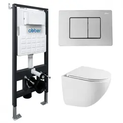 Комплект подвесной унитаз ABBER Bequem AC1131TC белый, с закрытым дном с инсталляцией AC0105 и кнопкой AC0120 хром глянцевый