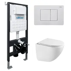 Комплект подвесной унитаз ABBER Bequem AC1131TC белый, с закрытым дном с инсталляцией AC0105 и кнопкой AC0120MW белая матовая