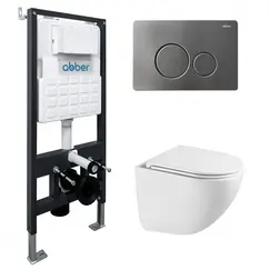 Комплект подвесной унитаз ABBER Bequem AC1131TC белый, с закрытым дном с инсталляцией AC0105 и кнопкой AC0121NG никель