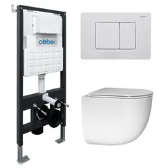 Комплект подвесной унитаз ABBER Bequem AC1132TC белый, с закрытым дном с инсталляцией AC0105 и кнопкой AC0120MW белая матовая