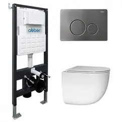 Комплект подвесной унитаз ABBER Bequem AC1132TC белый, с закрытым дном с инсталляцией AC0105 и кнопкой AC0121NG никель