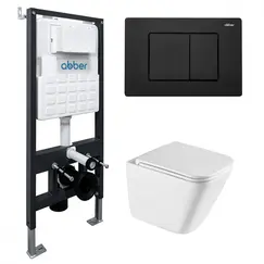 Комплект подвесной унитаз ABBER Rechteck AC1219TC белый, с закрытым дном с инсталляцией AC0105 и кнопкой AC0120MB черный матовый