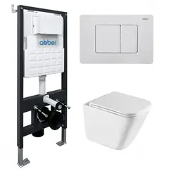 Комплект подвесной унитаз ABBER Rechteck AC1219TC белый, с закрытым дном с инсталляцией AC0105 и кнопкой AC0120MW белая матовая