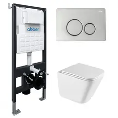 Комплект подвесной унитаз ABBER Rechteck AC1219TC белый, с закрытым дном с инсталляцией AC0105 и кнопкой AC0121 хром глянцевый