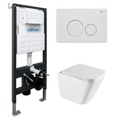 Комплект подвесной унитаз ABBER Rechteck AC1219TC белый, с закрытым дном с инсталляцией AC0105 и кнопкой AC0121MW белая матовая