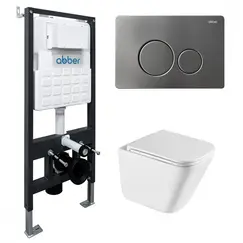 Комплект подвесной унитаз ABBER Rechteck AC1219TC белый, с закрытым дном с инсталляцией AC0105 и кнопкой AC0121NG никель