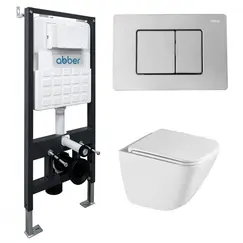 Комплект подвесной унитаз ABBER Rechteck AC1220TC белый, с закрытым дном с инсталляцией AC0105 и кнопкой AC0120 хром глянцевый