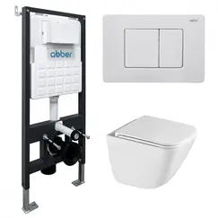 Комплект подвесной унитаз ABBER Rechteck AC1220TC белый, с закрытым дном с инсталляцией AC0105 и кнопкой AC0120MW белая матовая