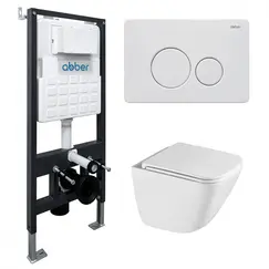 Комплект подвесной унитаз ABBER Rechteck AC1220TC белый, с закрытым дном с инсталляцией AC0105 и кнопкой AC0121MW белая матовая