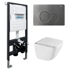 Комплект подвесной унитаз ABBER Rechteck AC1220TC белый, с закрытым дном с инсталляцией AC0105 и кнопкой AC0121NG никель