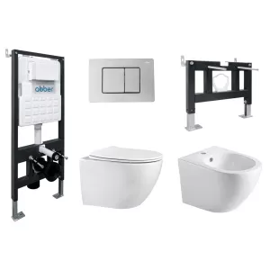 Комплект ABBER унитаз AC1100 белый с инсталляцией AC0105 и кнопкой  хром, биде AC1150 с инсталляцией AC0101P, Цвет кнопки: Хром, Выбрать цвет: Белый, Внешний вид: квадратная кнопка