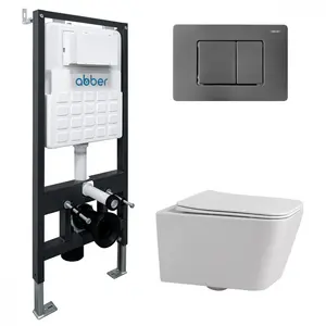 Комплект подвесной унитаз ABBER Rechteck AC1201 белый с инсталляцией AC0105 и кнопкой  никель