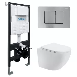 Комплект подвесной унитаз ABBER Bequem AC1100T белый с инсталляцией AC0105 и кнопкой матовый хром, Цвет кнопки: Матовый хром, Выбрать цвет: Белый, Внешний вид: квадратная кнопка