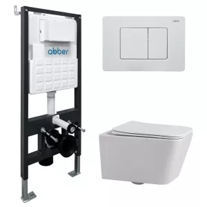 Комплект подвесной унитаз ABBER Rechteck AC1201 белый с инсталляцией AC0105 и кнопкой белая матовая, Цвет кнопки: Белый, Выбрать цвет: Белый, Внешний вид: квадратная кнопка