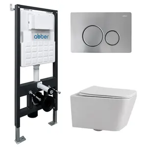 Комплект подвесной унитаз ABBER Rechteck AC1201 белый с инсталляцией AC0105 и кнопкой матовый хром