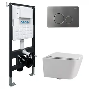 Комплект подвесной унитаз ABBER Rechteck AC1201 белый с инсталляцией AC0105 и кнопкой  никель