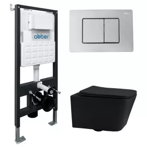 Комплект подвесной унитаз ABBER Rechteck AC1201MB черный матовый с инсталляцией AC0105 и кнопкой хром, Цвет кнопки: Хром, Выбрать цвет: Черный, Внешний вид: квадратная кнопка