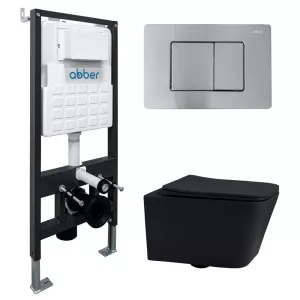 Комплект подвесной унитаз ABBER Rechteck AC1201MB черный матовый с инсталляцией AC0105 и кнопкой матовый хром, Цвет кнопки: Матовый хром, Выбрать цвет: Черный, Внешний вид: квадратная кнопка