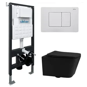 Комплект подвесной унитаз ABBER Rechteck AC1201MB черный матовый с инсталляцией AC0105 и кнопкой белая матовая