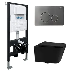 Комплект подвесной унитаз ABBER Rechteck AC1201MB черный матовый с инсталляцией AC0105 и кнопкой матовый хром
