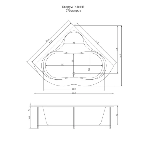 Акриловая ванна Aquatika Кворум угловая 143*143, Комплектация: Basic, изображение 3