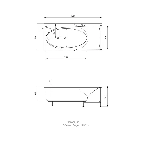 Акриловая ванна Aquatika Кинетика 170*80, Комплектация: Basic, изображение 2