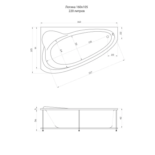 Акриловая ванна Aquatika Логика 160*105, Ориентация: левая, Комплектация: Basic, изображение 3