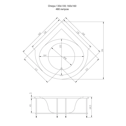 Акриловая ванна Aquatika Опера 130*130,168*168, Выбрать размер: 130х130, Комплектация: Basic, изображение 3