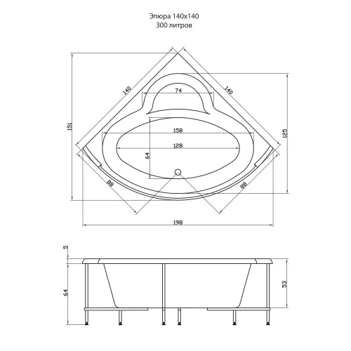 Акриловая ванна Aquatika Эпюра угловая 140*140, Комплектация: Basic, изображение 3