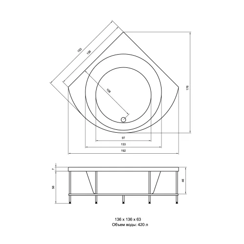 Акриловая ванна Aquatika Эстрада 136х136, 150х150, Комплектация: Basic, изображение 3