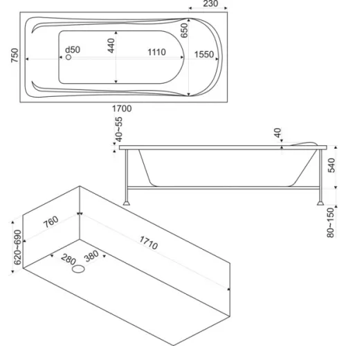 Ванна акриловая  BAS Мальта 170*75, Комплектация: без гидромассажа, изображение 3