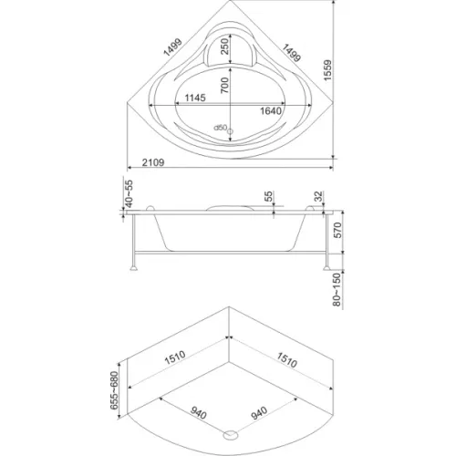 Ванна акриловая BAS Модена 150*150, Комплектация: гидромассаж, изображение 2