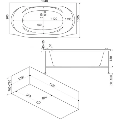 Ванна акриловая  BAS Фиеста 194*90, Комплектация: без гидромассажа, изображение 3