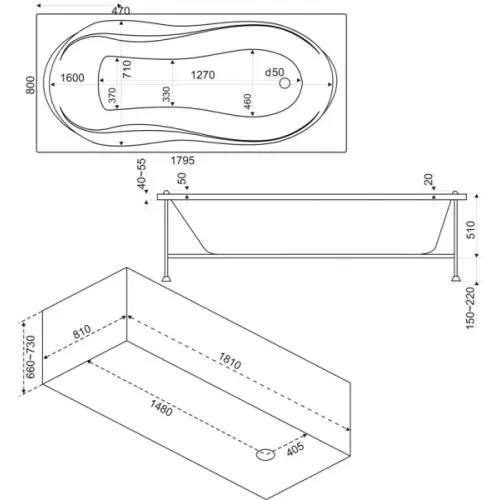 Ванна акриловая  BAS Ямайка 180*80, Комплектация: без гидромассажа, изображение 3