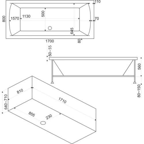Ванна акриловая  BAS Индика 170*80, Комплектация: без гидромассажа, изображение 3