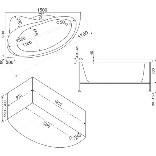 Ванна акриловая  BAS Вектра 150*90, Ориентация: Левая, Комплектация: без гидромассажа, изображение 3