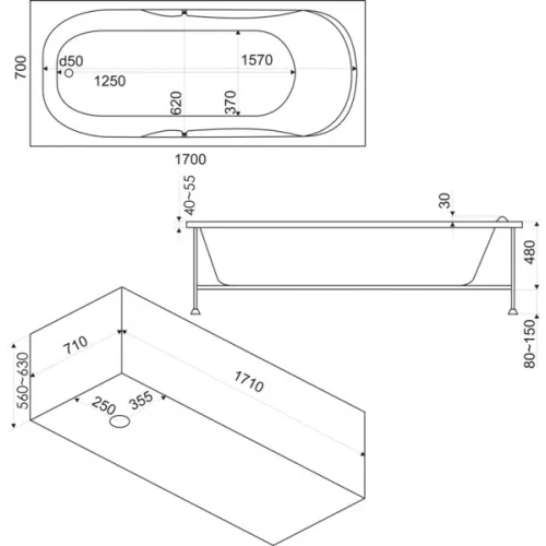 Ванна акриловая  BAS Нептун 170*70, Комплектация: без гидромассажа, изображение 3