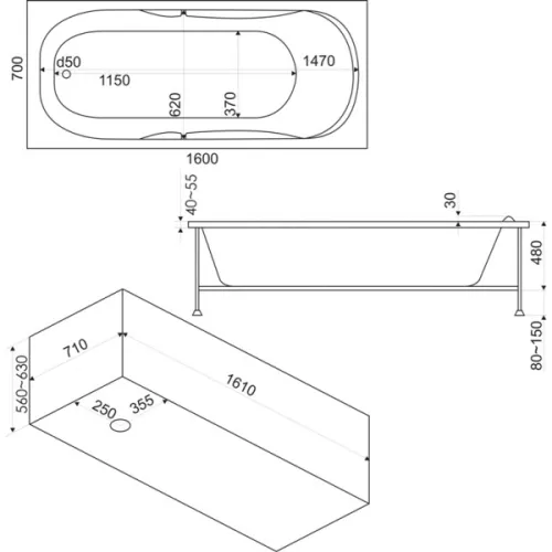 Ванна акриловая  BAS Мальдива 160*70, Комплектация: без гидромассажа, изображение 3