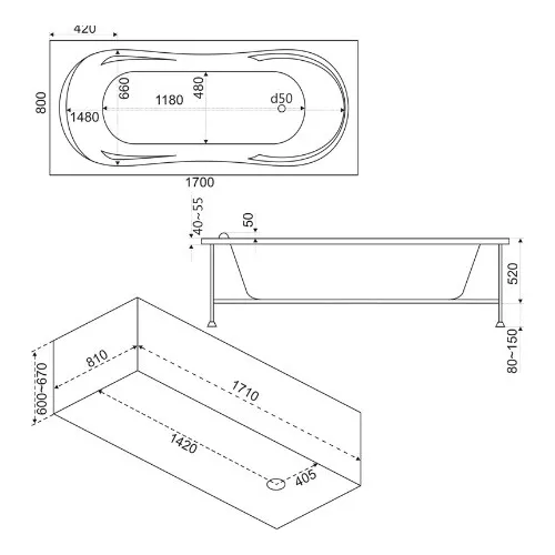 Ванна акриловая  BAS Ахин 170*80, Комплектация: гидромассаж, изображение 4