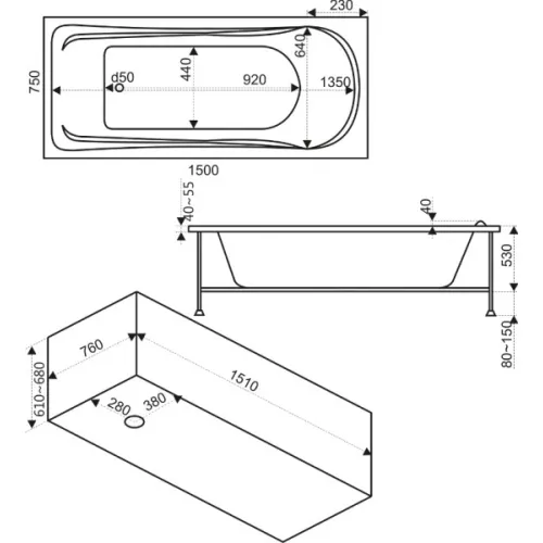 Ванна акриловая  BAS Бриз 150*75, Комплектация: гидромассаж, изображение 4