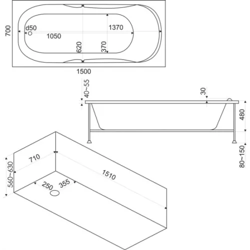 Ванна акриловая  BAS Ибица 150*70, Комплектация: гидромассаж, изображение 3
