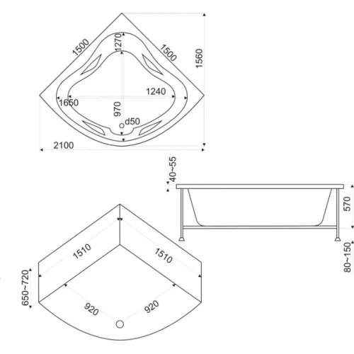 Ванна акриловая  BAS Империал 150*150, Комплектация: гидромассаж, изображение 4