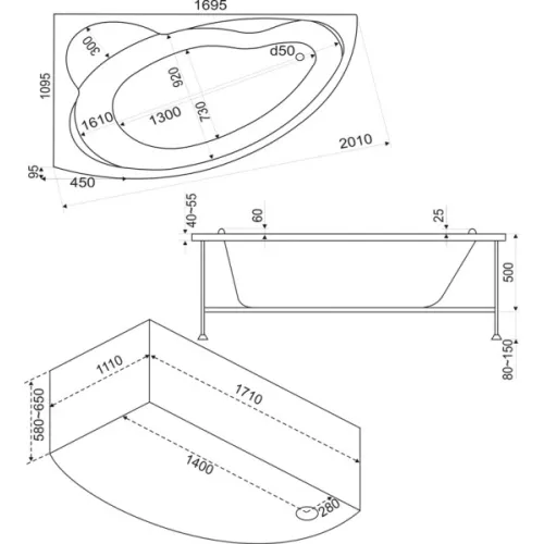 Ванна акриловая  BAS Лагуна  170*110, Ориентация: Левая, Комплектация: гидромассаж, изображение 4