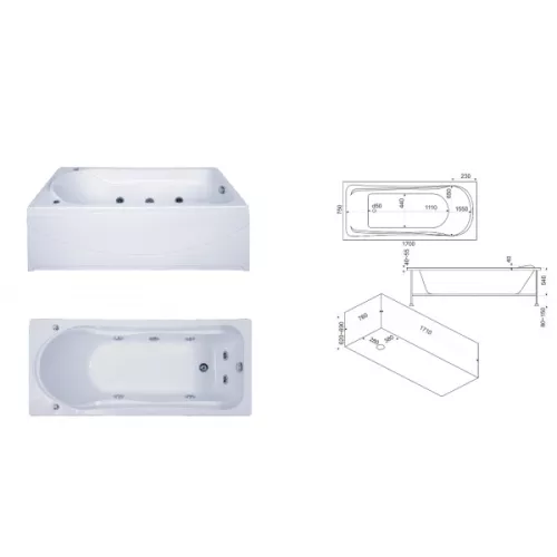 Ванна акриловая  BAS Мальта 170*75, Комплектация: гидромассаж, изображение 3