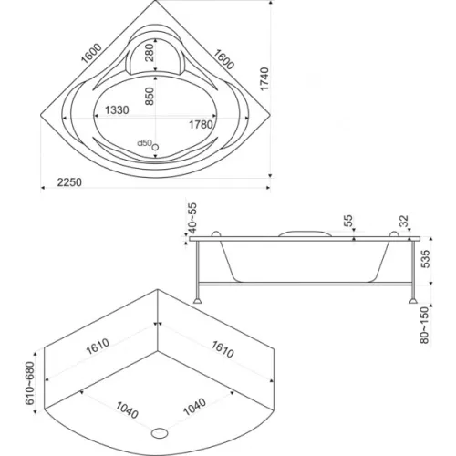 Ванна акриловая  BAS Мега 160*160, Комплектация: гидромассаж, изображение 4